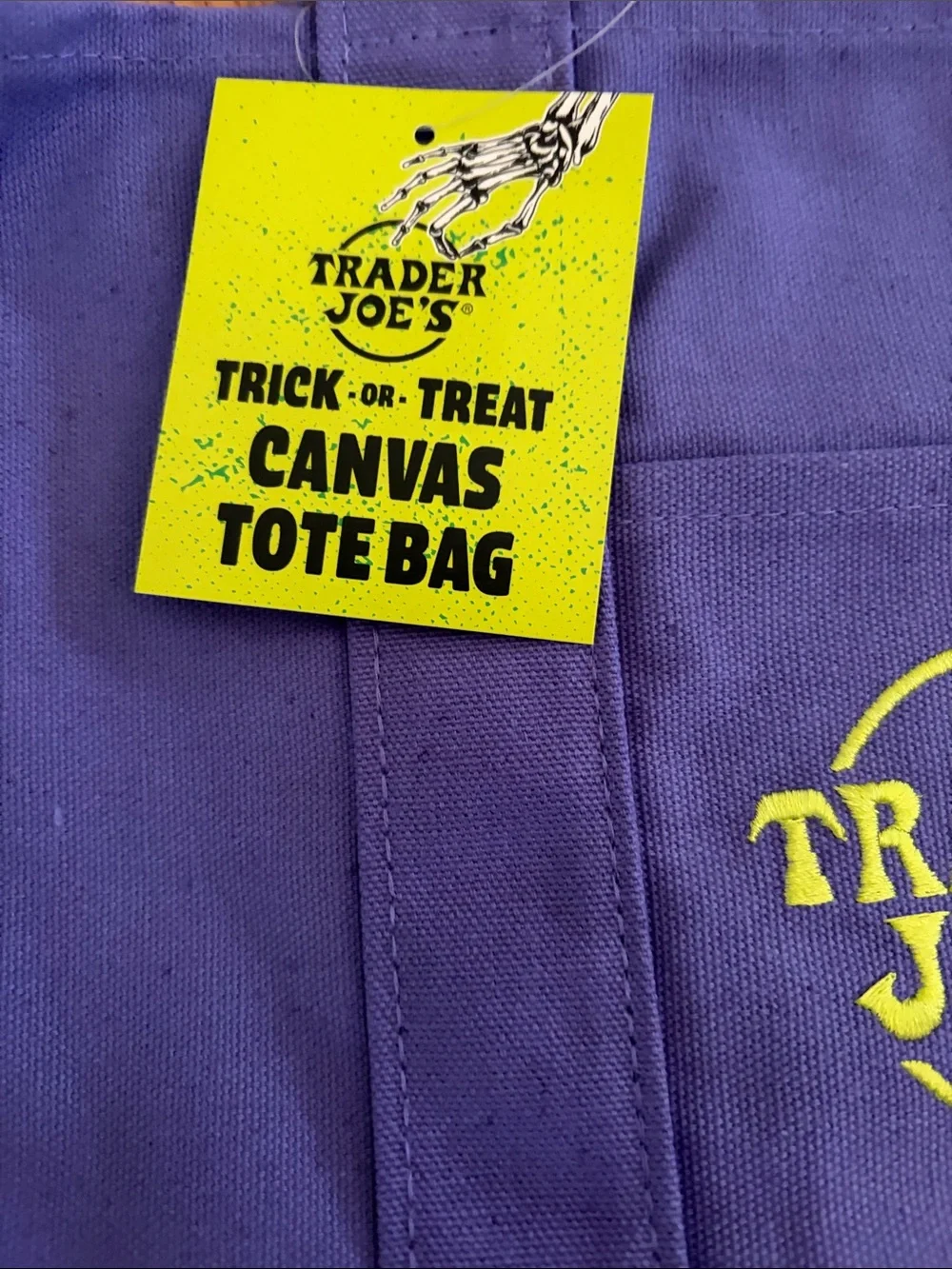 Trader Joe's Blue Canvas Duffel Tote with Neon Yellow Logo